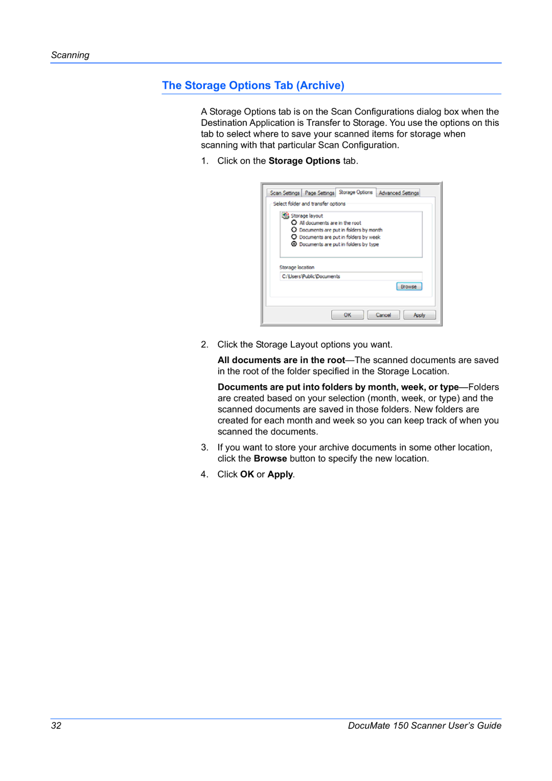 Xerox 150 manual Storage Options Tab Archive 