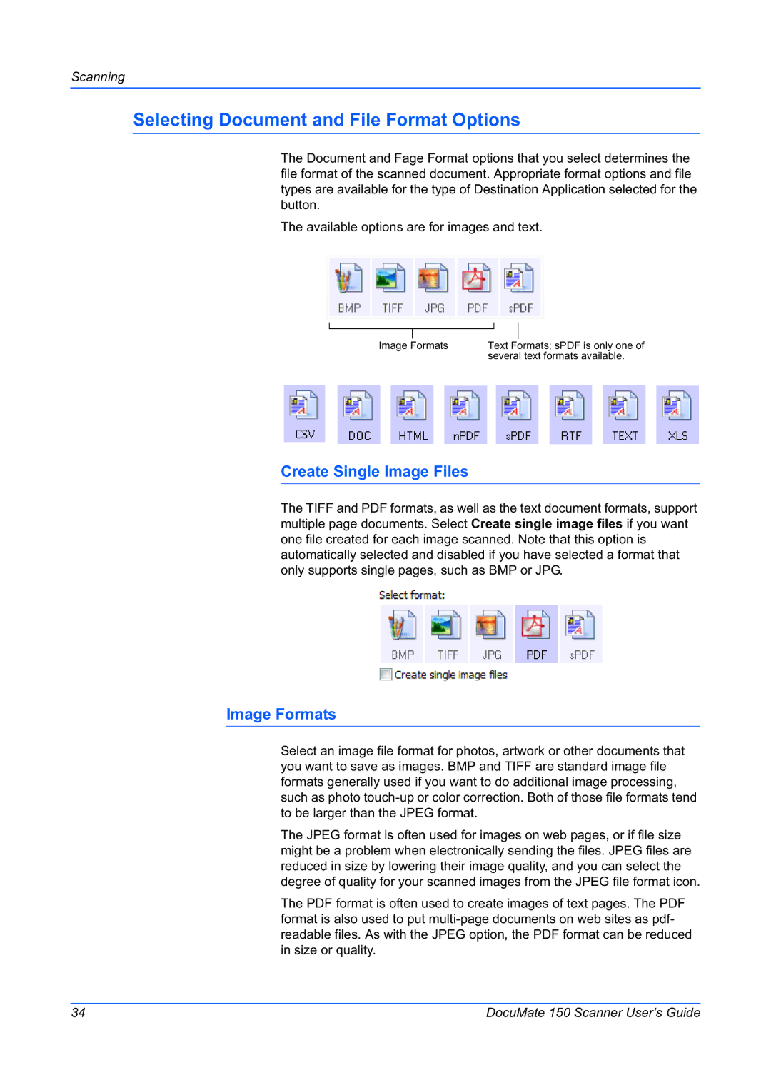 Xerox 150 manual Selecting Document and File Format Options, Create Single Image Files Image Formats 