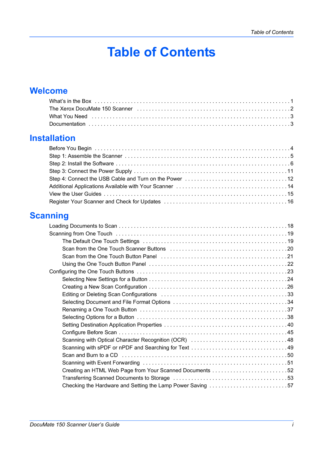 Xerox 150 manual Table of Contents 