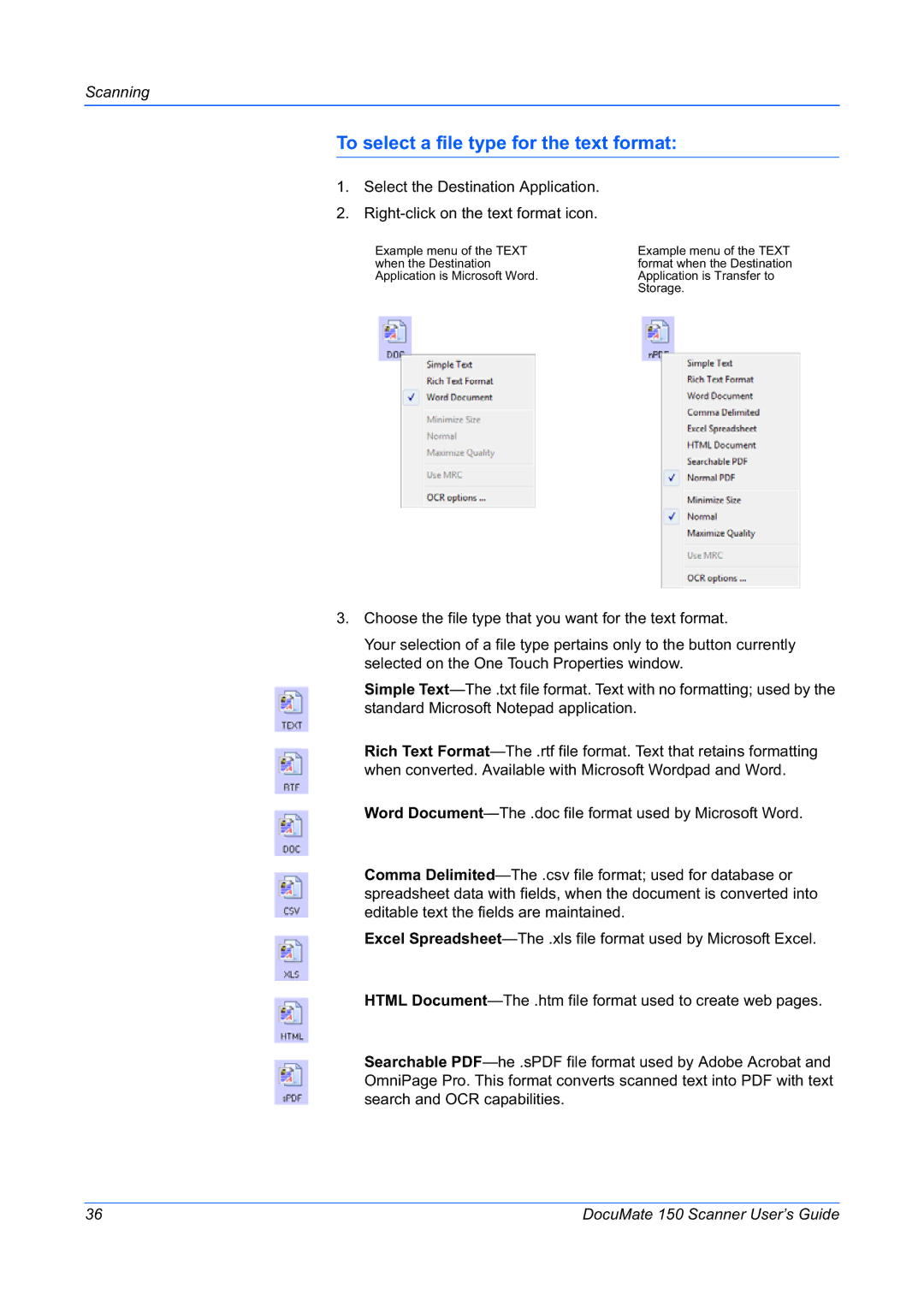 Xerox 150 manual To select a file type for the text format 