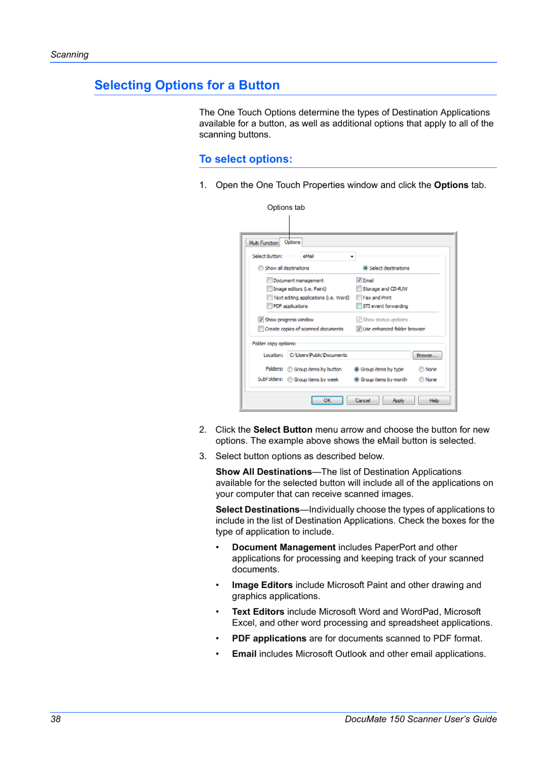 Xerox 150 manual Selecting Options for a Button, To select options 