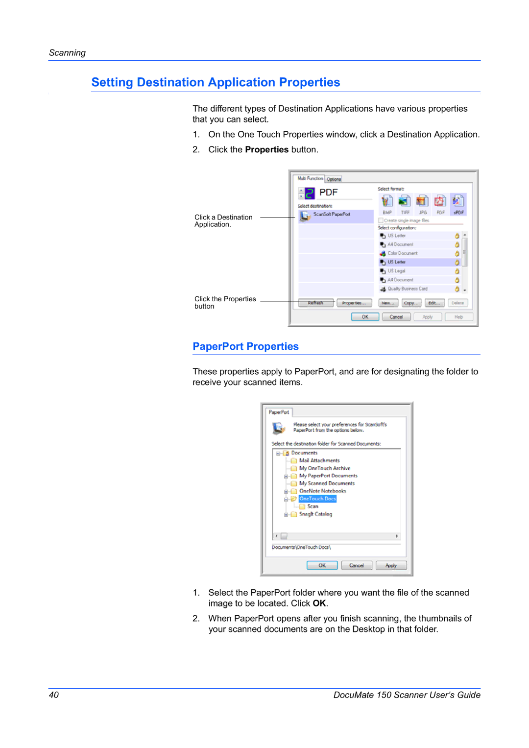 Xerox 150 manual Setting Destination Application Properties, PaperPort Properties 