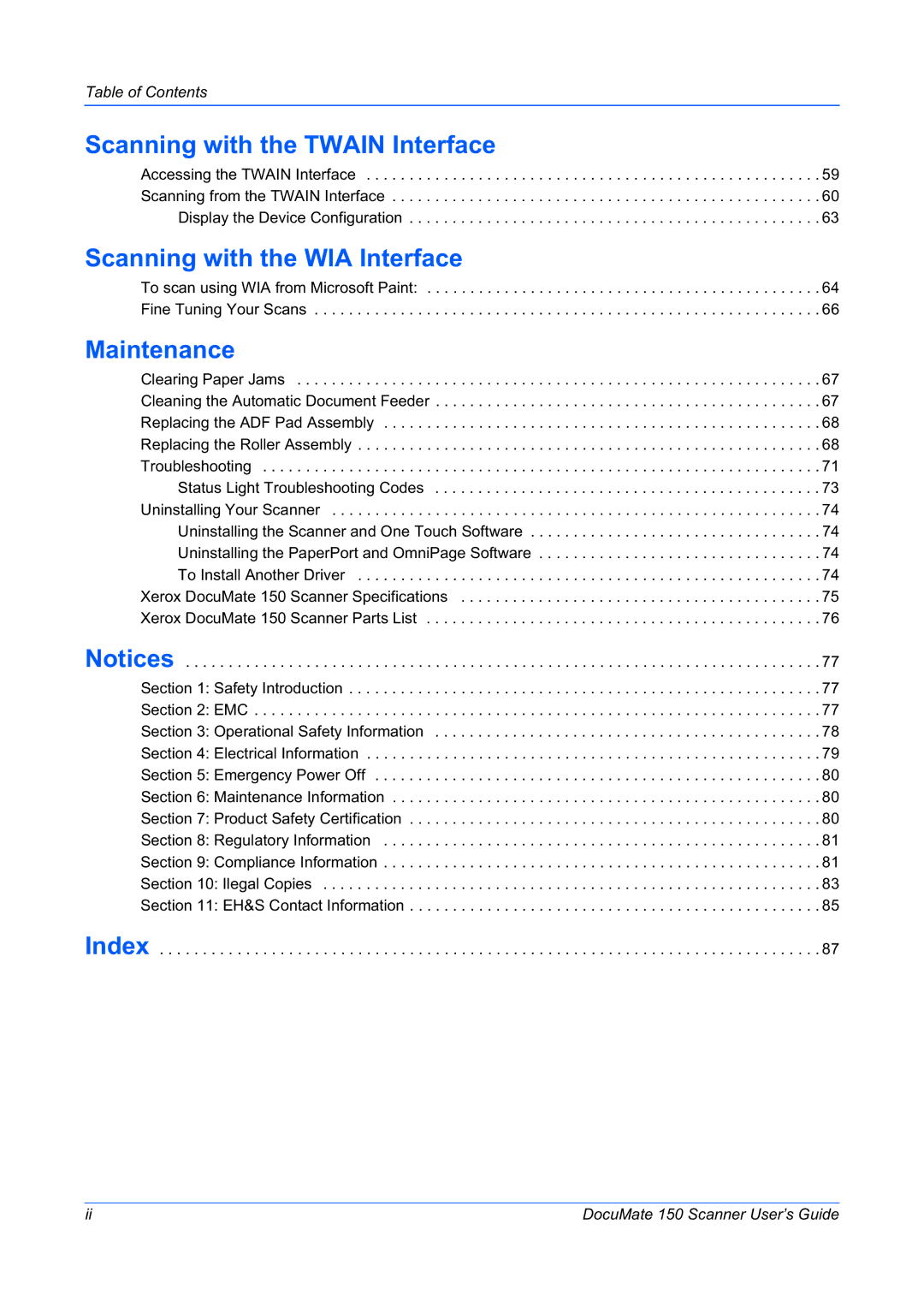 Xerox 150 manual Scanning with the Twain Interface, Scanning with the WIA Interface, Maintenance 