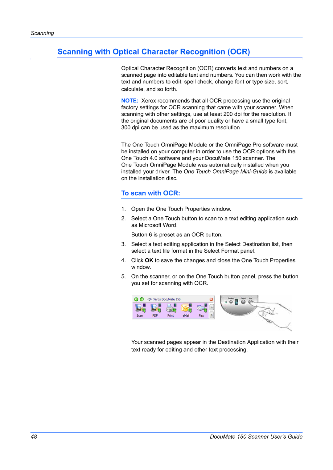 Xerox 150 manual Scanning with Optical Character Recognition OCR, To scan with OCR 