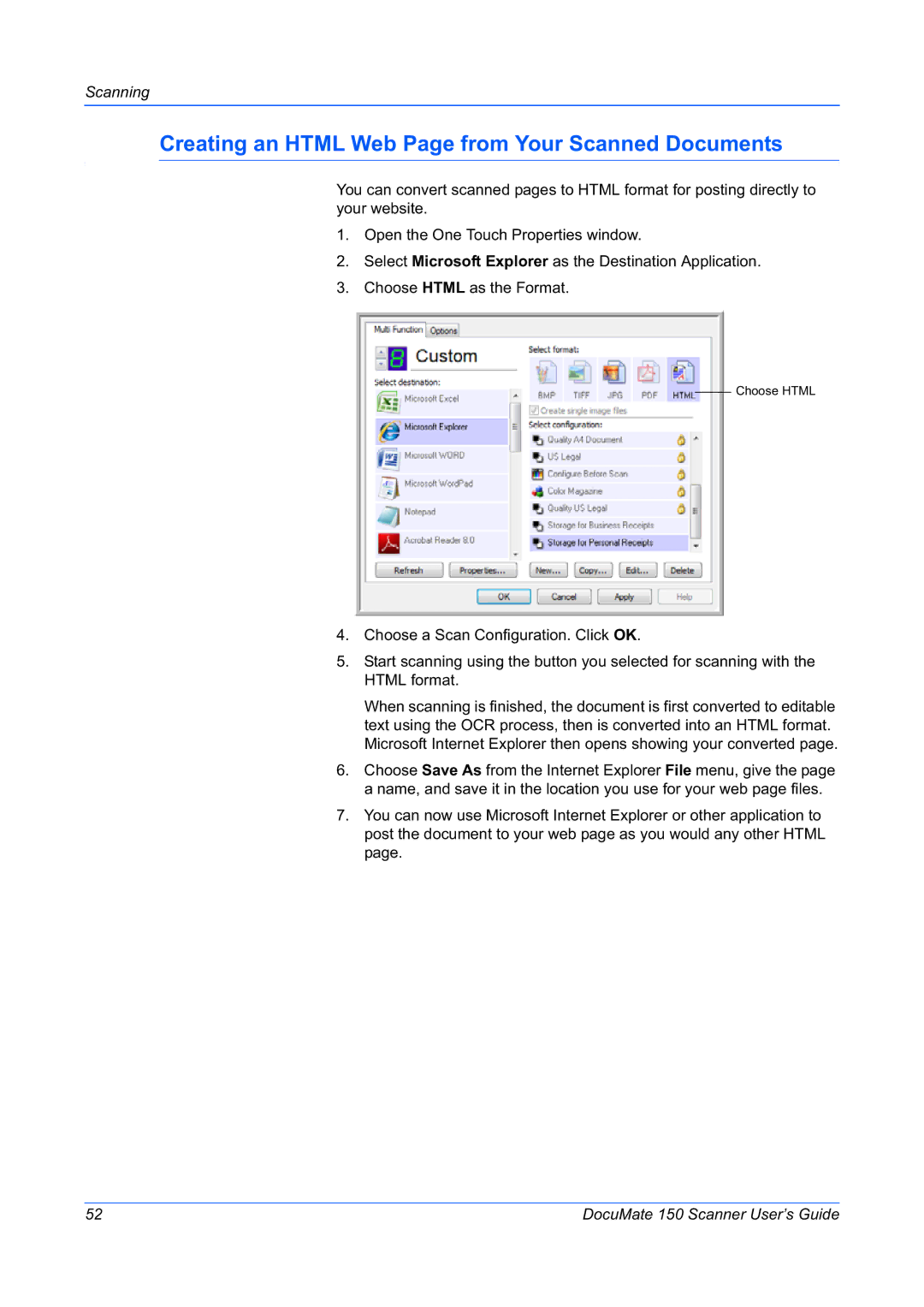 Xerox 150 manual Creating an Html Web Page from Your Scanned Documents 