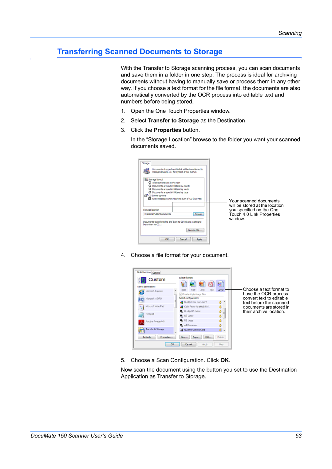 Xerox 150 manual Transferring Scanned Documents to Storage, Choose a file format for your document 