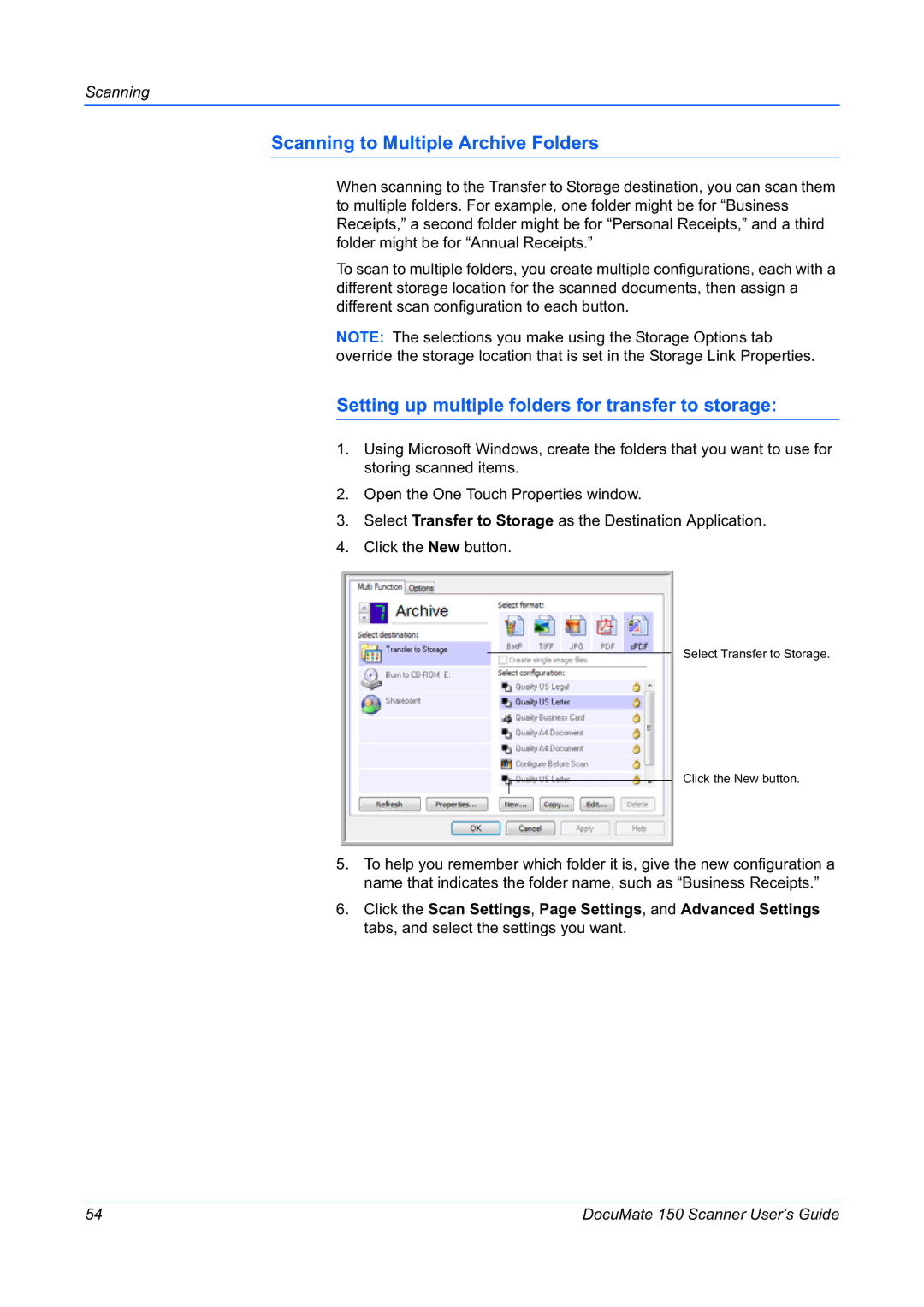 Xerox 150 manual Scanning to Multiple Archive Folders, Setting up multiple folders for transfer to storage 