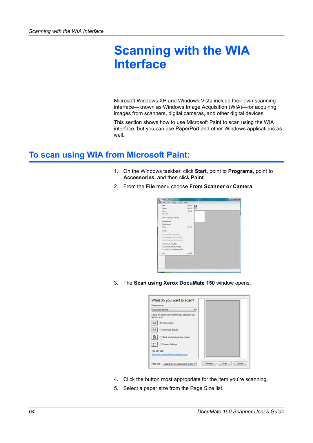 Xerox 150 manual Scanning with the WIA Interface, To scan using WIA from Microsoft Paint 