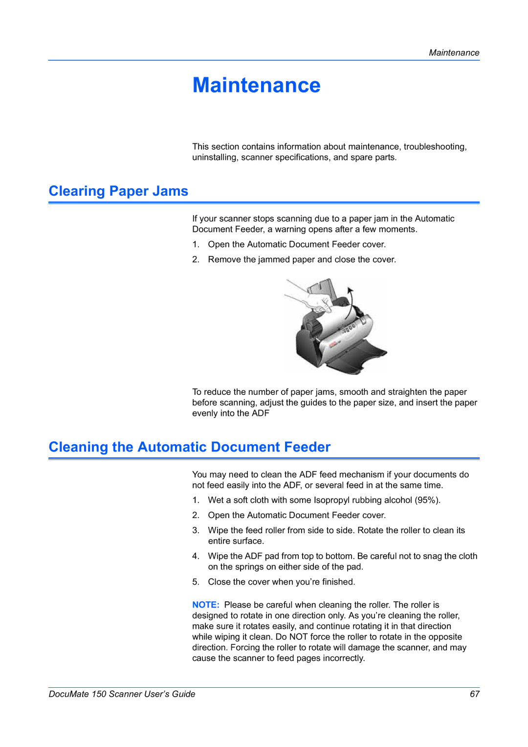 Xerox 150 manual Maintenance, Clearing Paper Jams, Cleaning the Automatic Document Feeder 