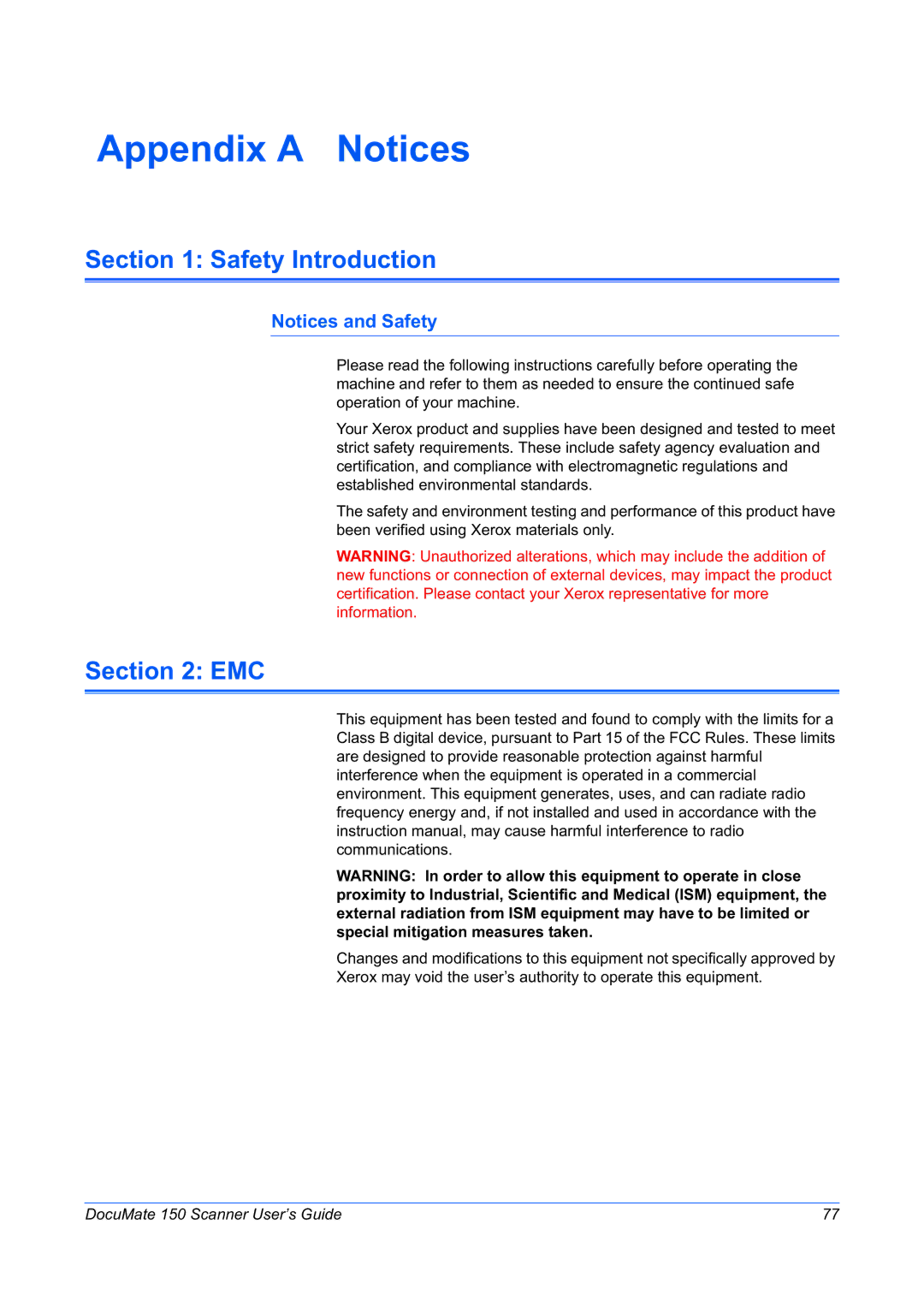 Xerox 150 manual Appendix a Notices, Safety Introduction, Emc 