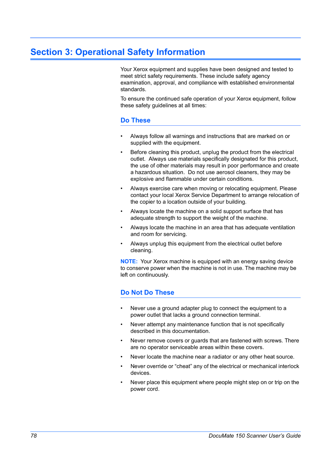 Xerox 150 manual Operational Safety Information, Do Not Do These 