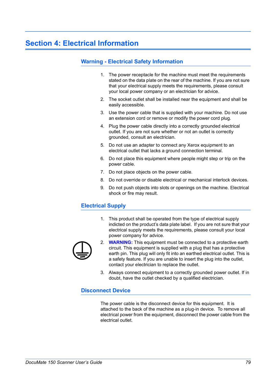 Xerox 150 manual Electrical Information, Electrical Supply, Disconnect Device 