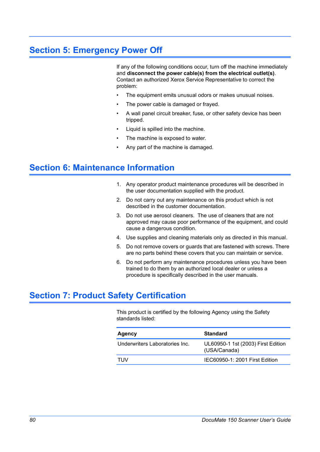 Xerox 150 manual Emergency Power Off, Maintenance Information, Product Safety Certification 