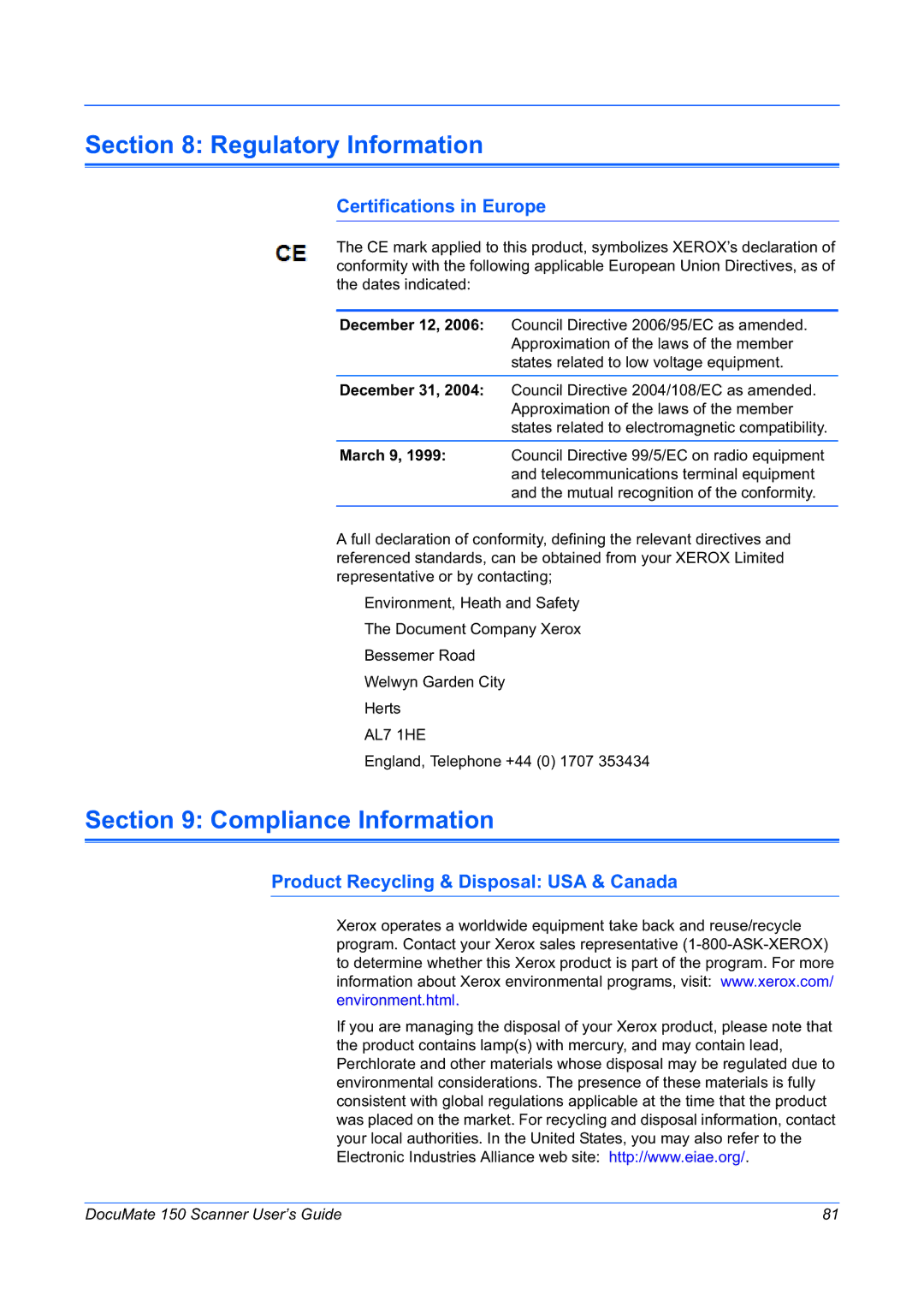 Xerox 150 manual Regulatory Information, Compliance Information, Certifications in Europe 