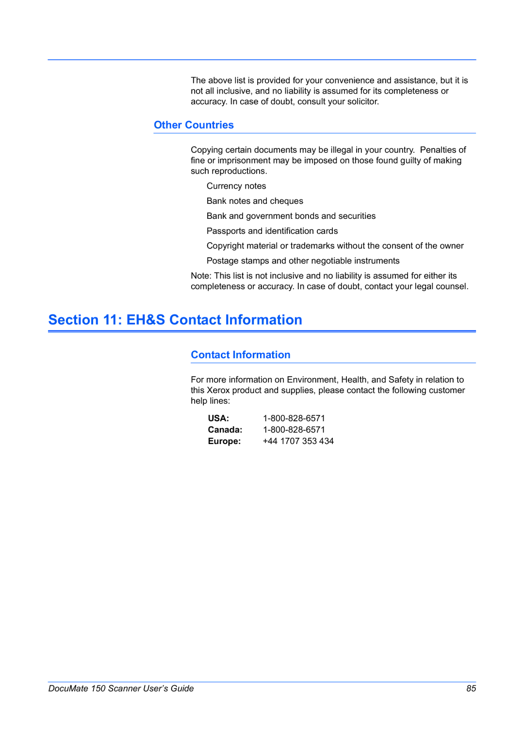 Xerox 150 manual EH&S Contact Information, Other Countries 