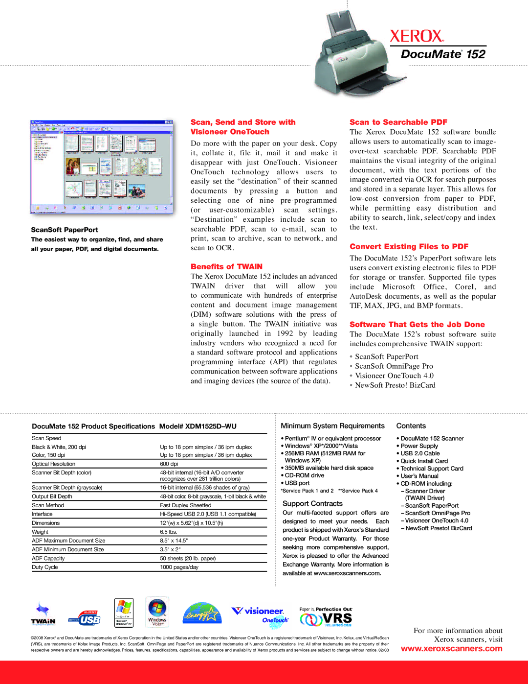 Xerox manual Scan, Send and Store with, ScanSoft PaperPort, DocuMate 152 Product Specifications Model# XDM1525D-WU 