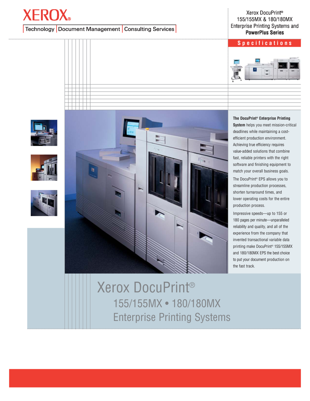 Xerox specifications Xerox DocuPrint, 155/155MX 180/180MX Enterprise Printing Systems, S p e c i f i c a t i o n s 