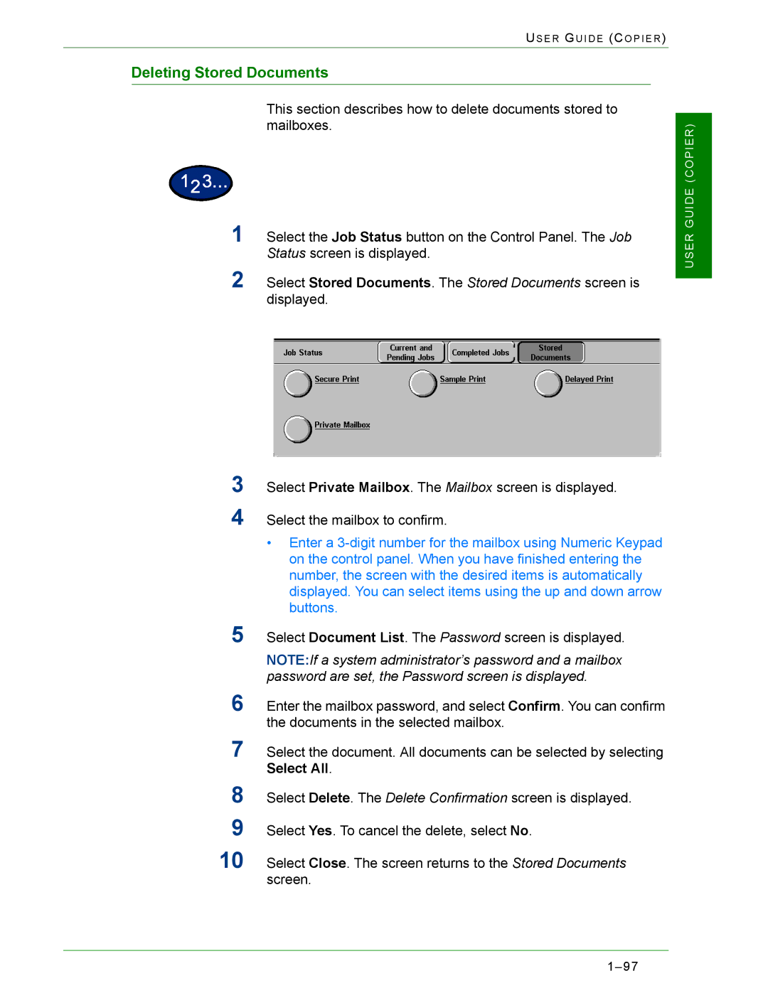 Xerox 2240, 1632 manual Deleting Stored Documents 