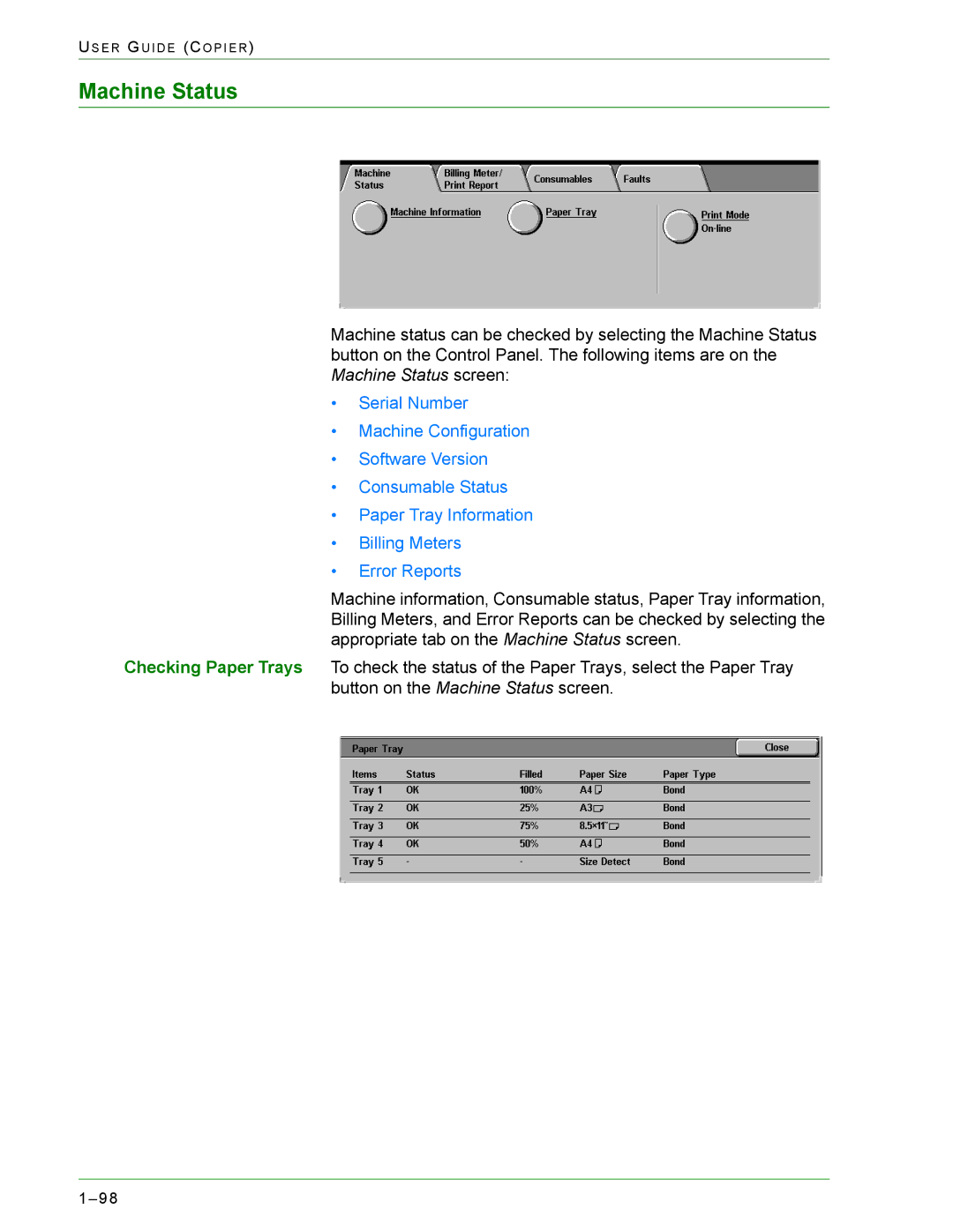 Xerox 1632, 2240 manual Machine Status 