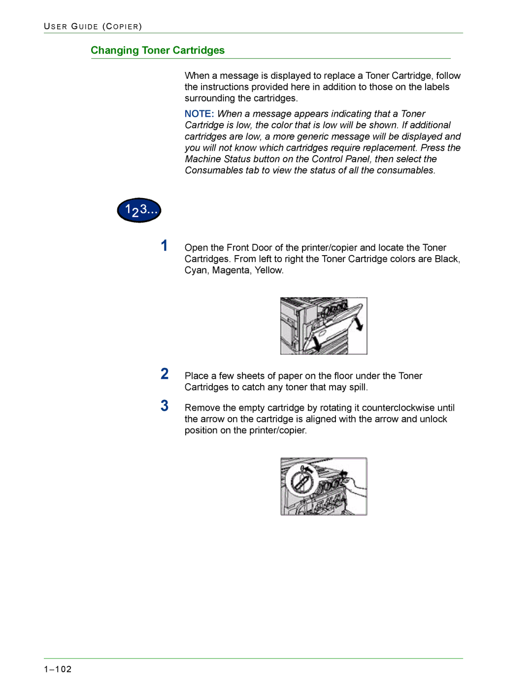 Xerox 1632, 2240 manual Changing Toner Cartridges 