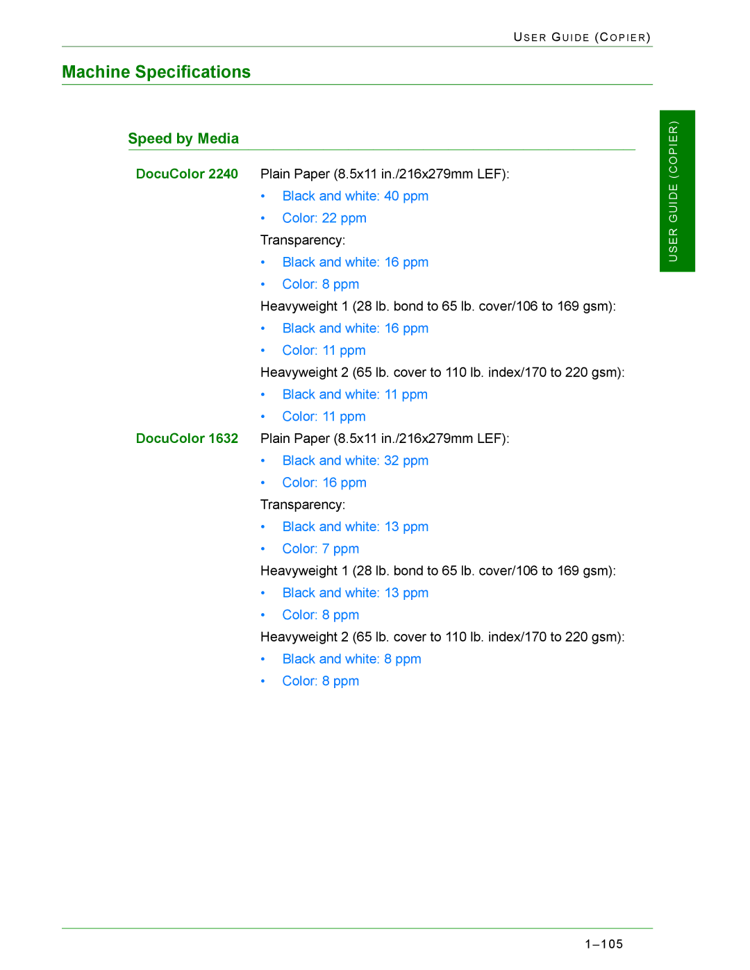 Xerox 2240, 1632 manual Machine Specifications, Speed by Media 