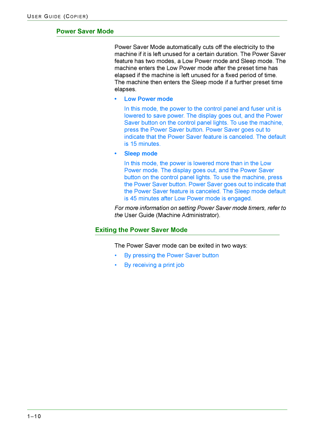 Xerox 1632, 2240 manual Exiting the Power Saver Mode, Low Power mode, Sleep mode 