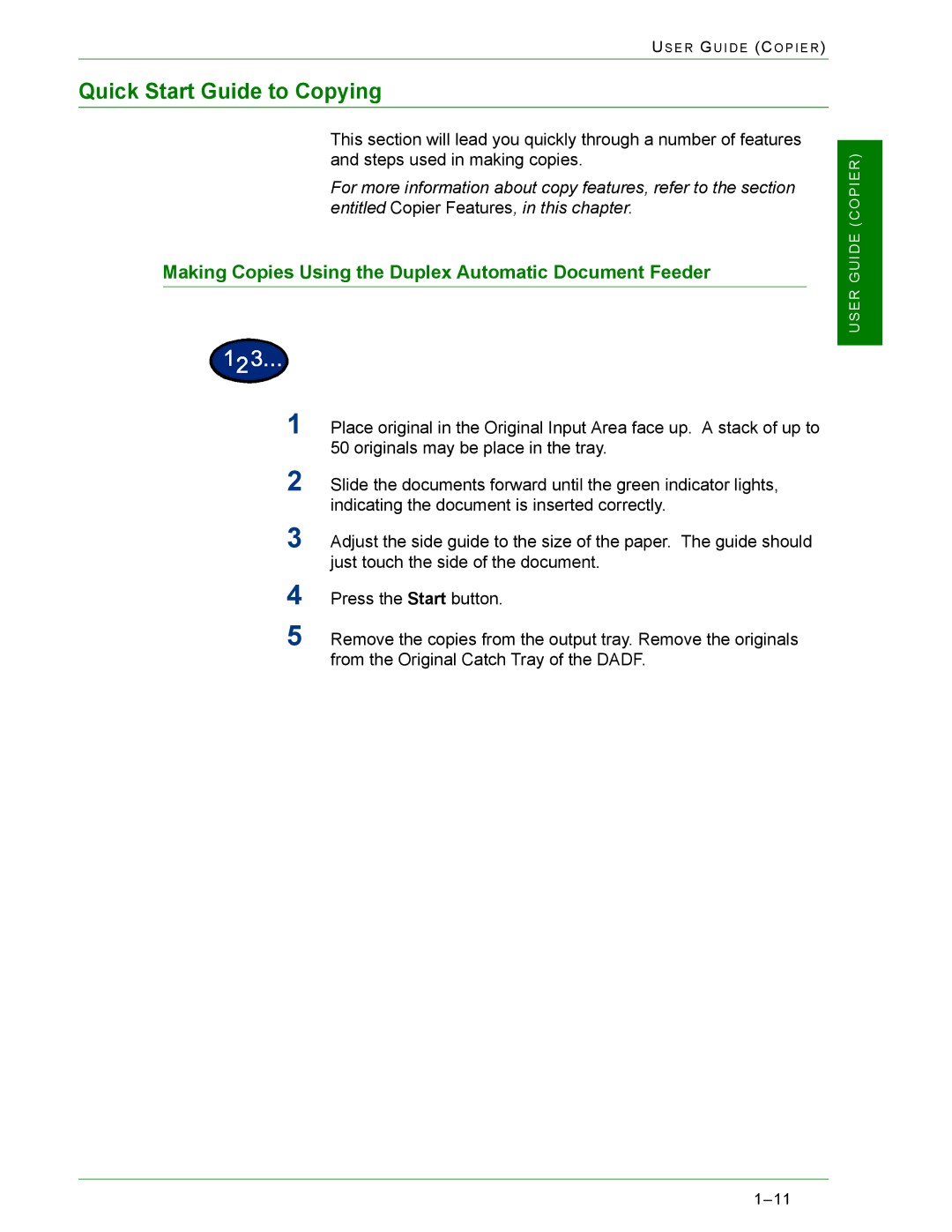 Xerox 2240, 1632 manual Quick Start Guide to Copying, Making Copies Using the Duplex Automatic Document Feeder 