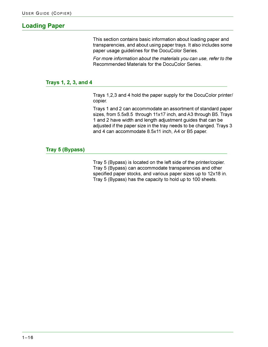 Xerox 1632, 2240 manual Loading Paper, Trays 1, 2, 3, Tray 5 Bypass 