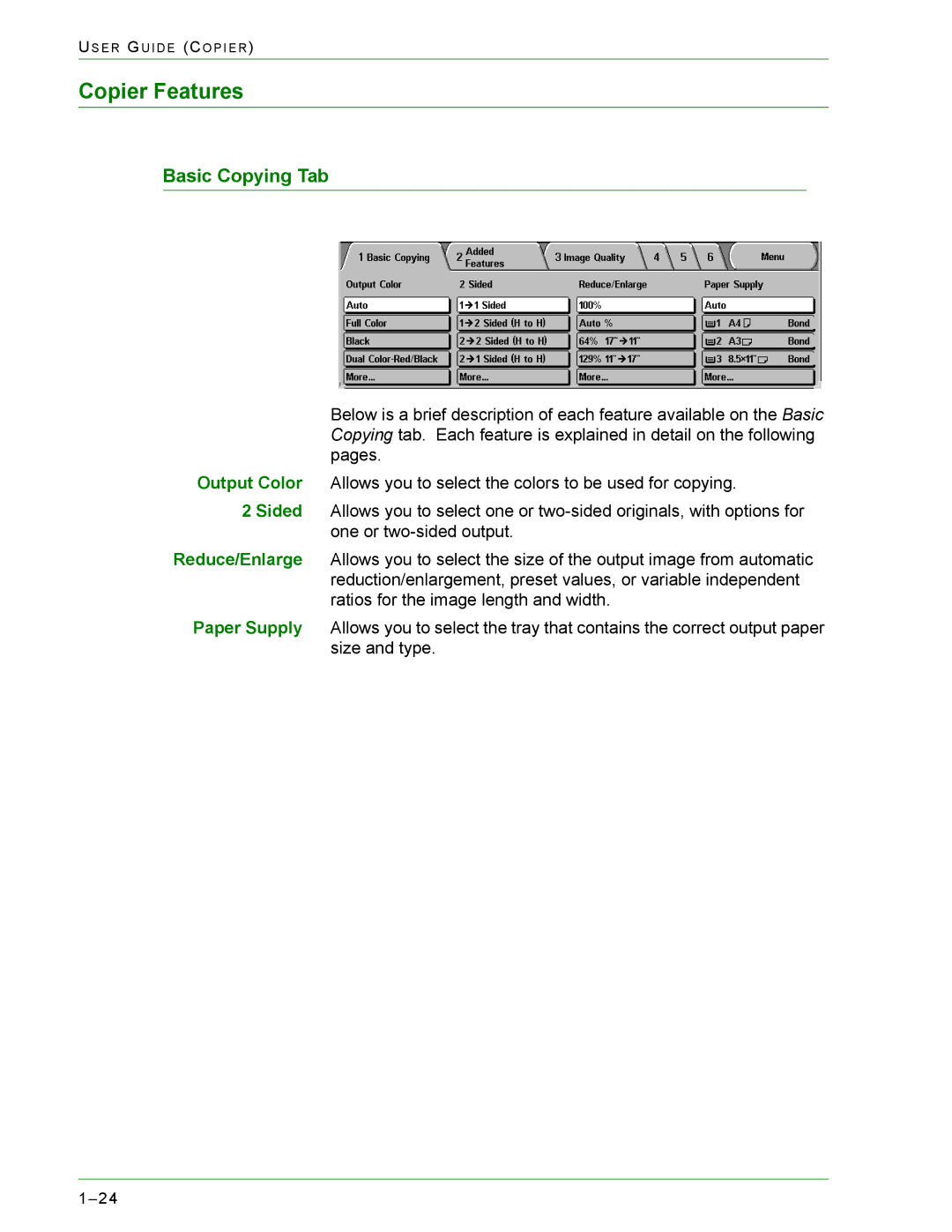 Xerox 1632, 2240 manual Copier Features, Basic Copying Tab 