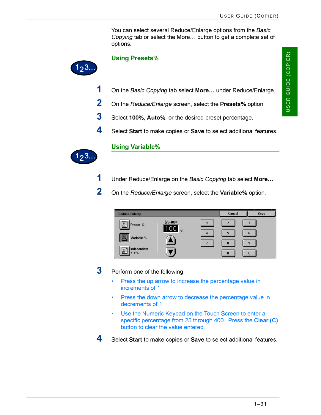 Xerox 2240, 1632 manual Using Presets%, Using Variable% 