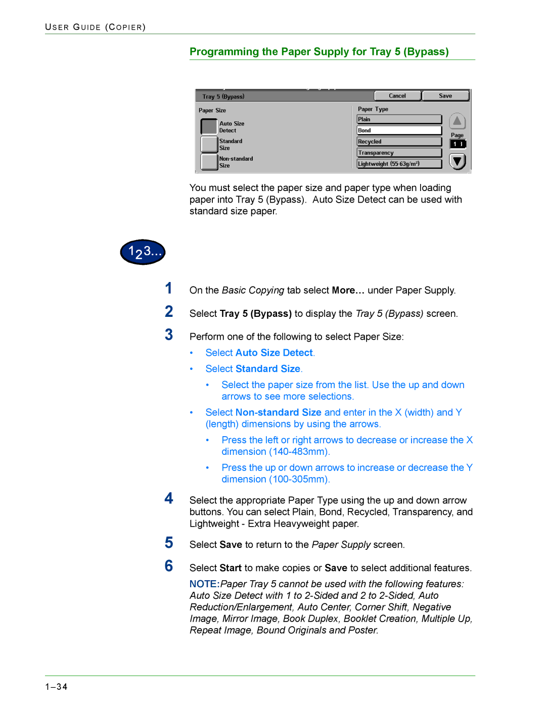 Xerox 1632, 2240 manual Programming the Paper Supply for Tray 5 Bypass, Select Auto Size Detect Select Standard Size 