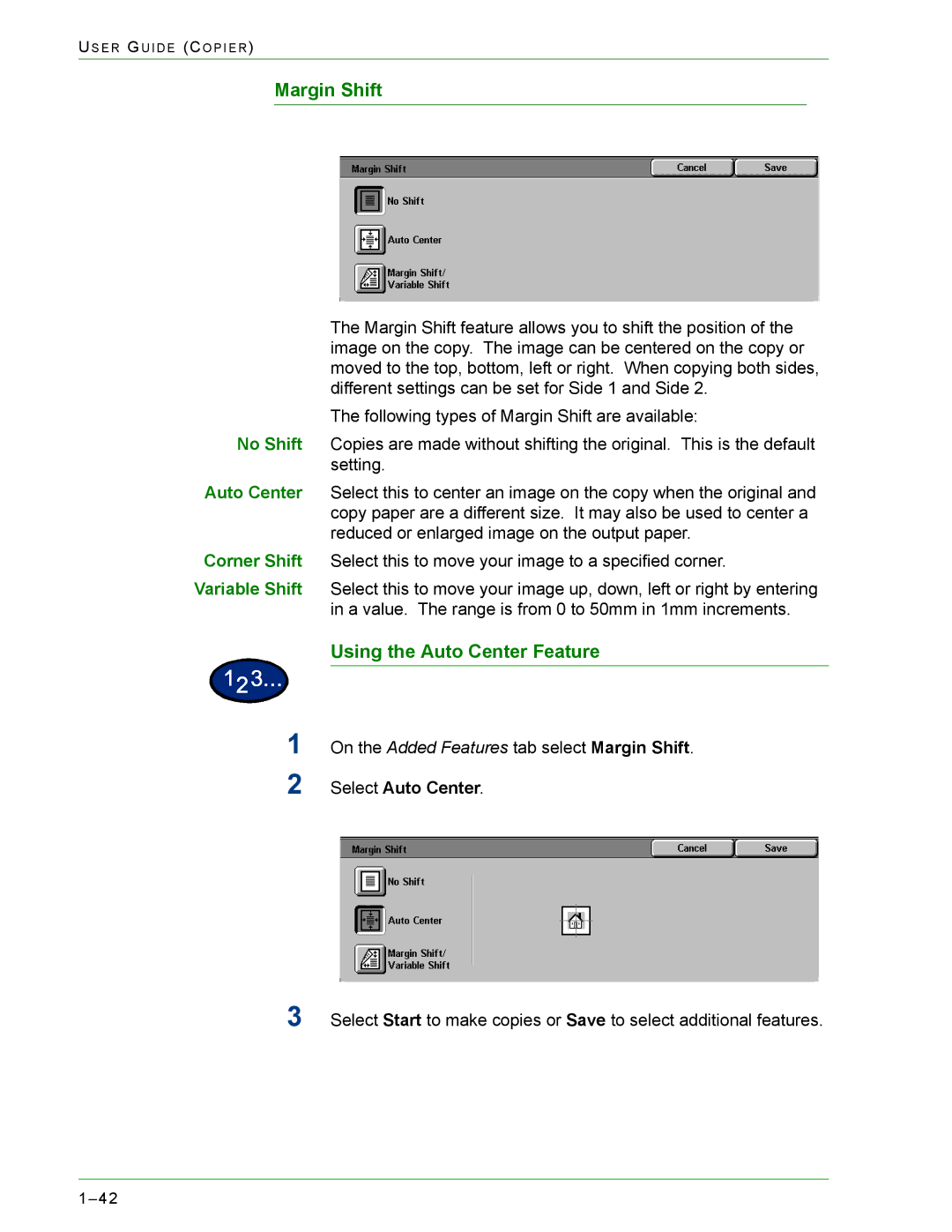 Xerox 1632, 2240 manual Margin Shift, Using the Auto Center Feature 