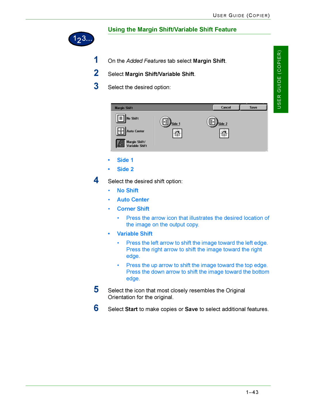 Xerox 2240, 1632 manual Using the Margin Shift/Variable Shift Feature, Side, No Shift Auto Center Corner Shift 