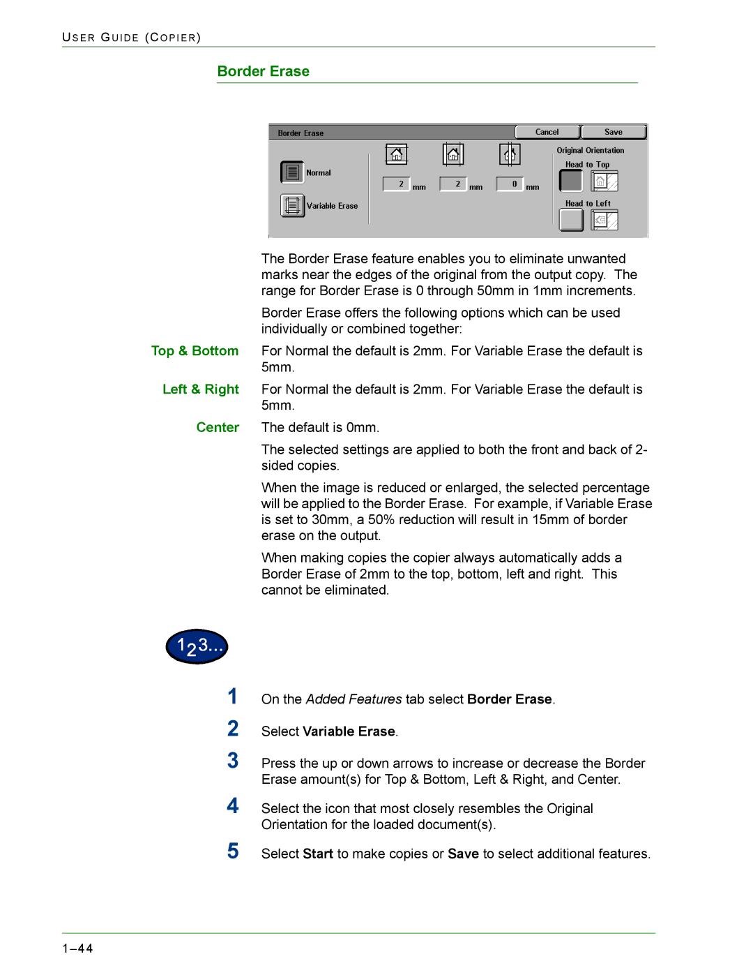 Xerox 1632, 2240 manual Border Erase, Select Variable Erase 