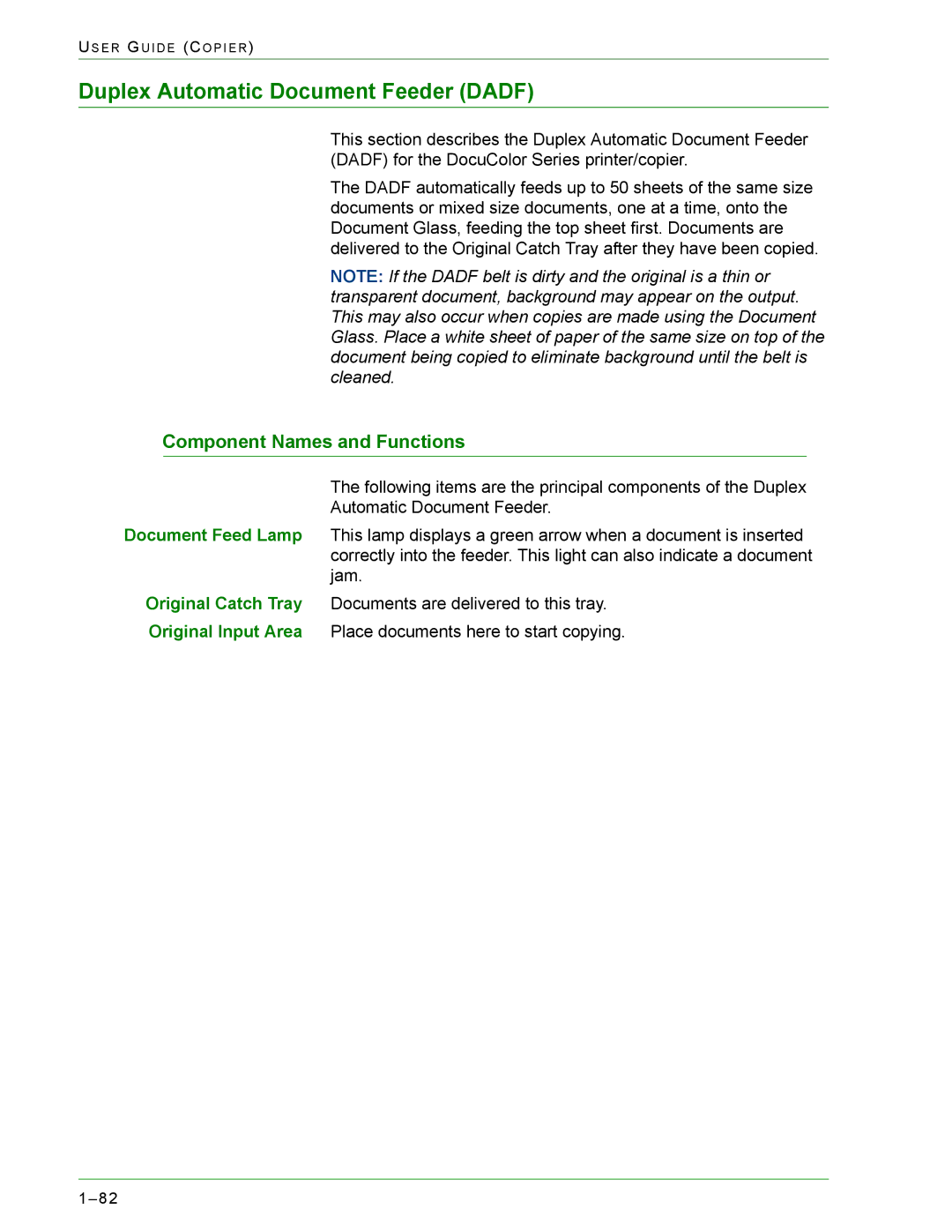 Xerox 1632, 2240 manual Duplex Automatic Document Feeder Dadf, Component Names and Functions 