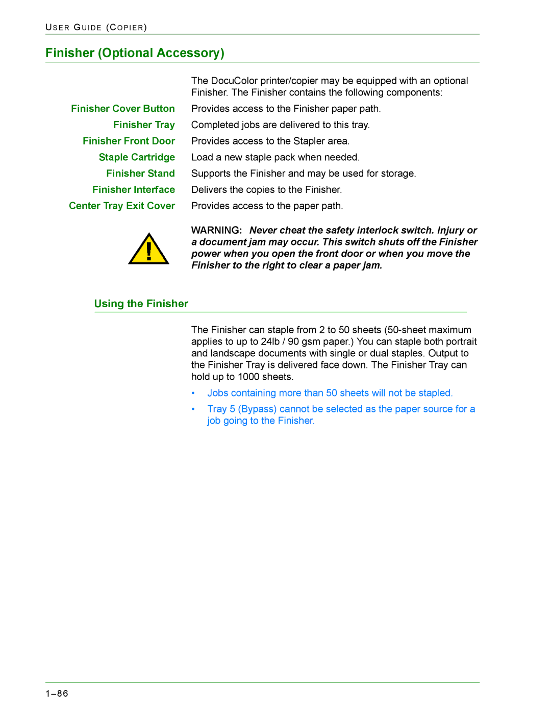 Xerox 1632, 2240 manual Finisher Optional Accessory, Using the Finisher 