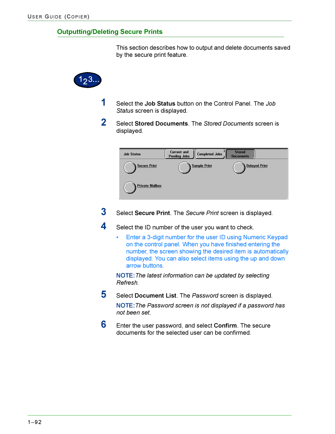 Xerox 1632, 2240 manual Outputting/Deleting Secure Prints 