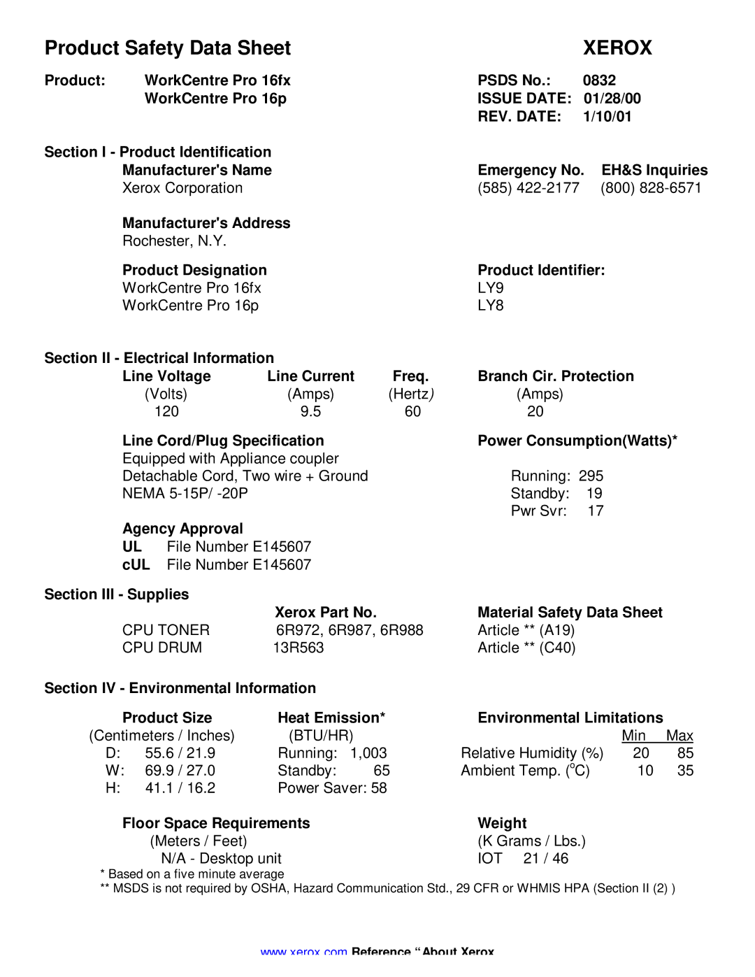 Xerox 16P, 16FX manual Xerox, Issue Date, REV. Date 