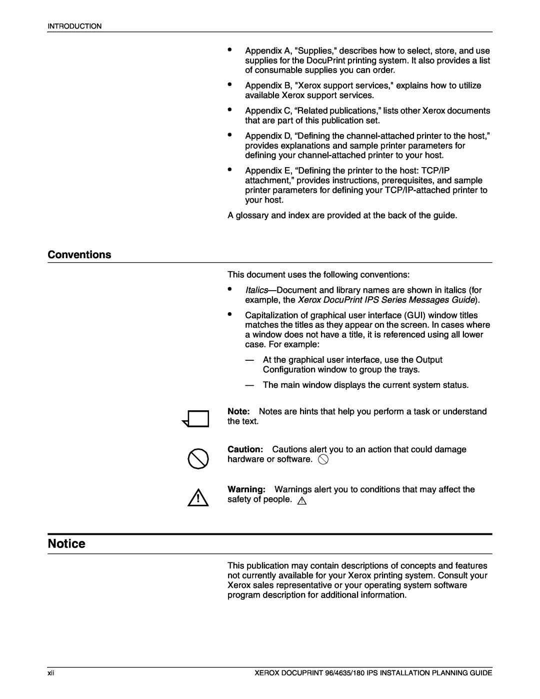 Xerox 180 IPS manual Notice, • • • • •, Conventions 