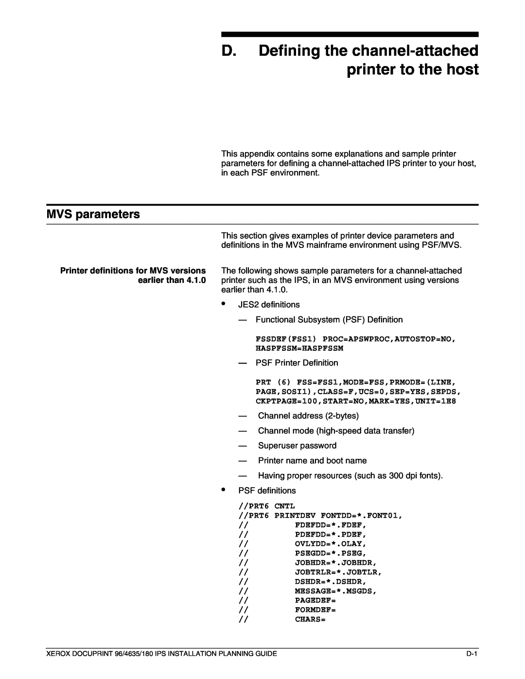 Xerox 180 IPS manual MVS parameters, Printer definitions for MVS versions earlier than 