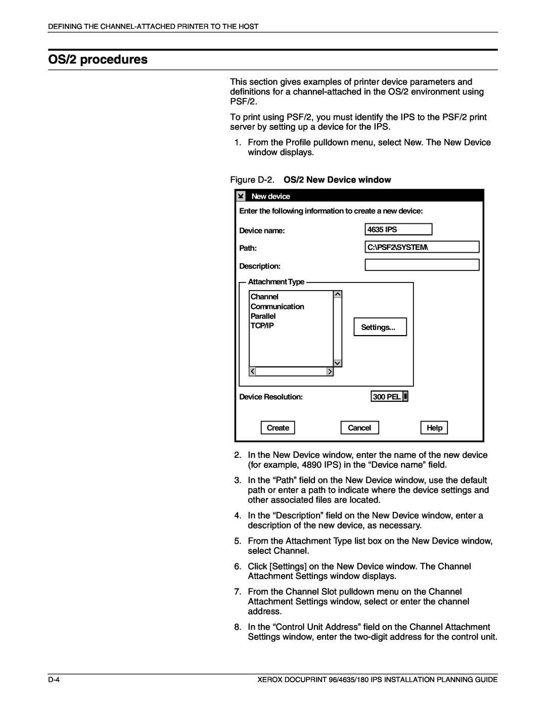 Xerox 180 IPS manual OS/2 procedures, Figure D-2. OS/2 New Device window 