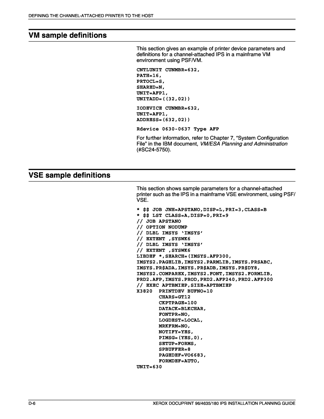 Xerox 180 IPS manual VM sample definitions, VSE sample definitions 