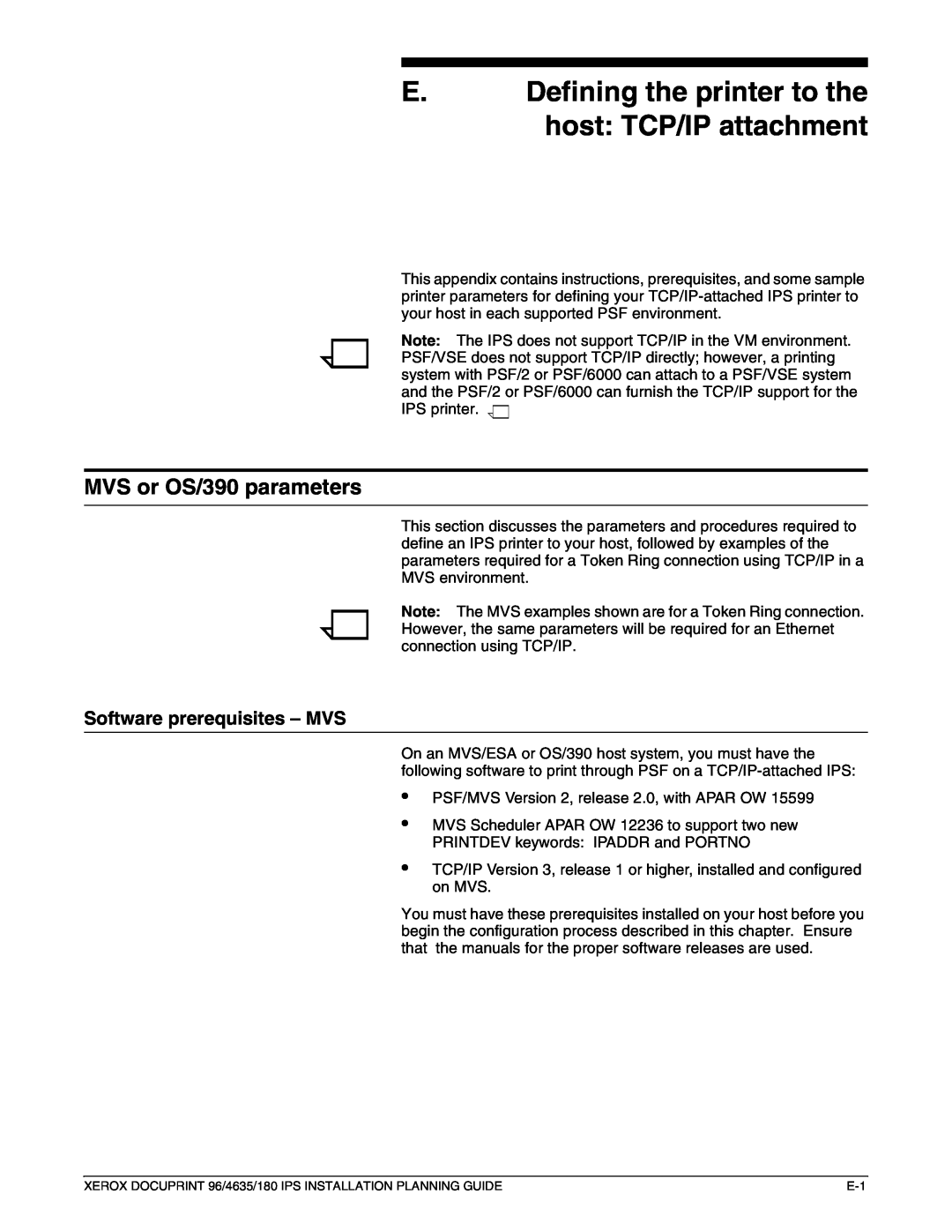 Xerox 180 IPS manual MVS or OS/390 parameters, Software prerequisites – MVS 