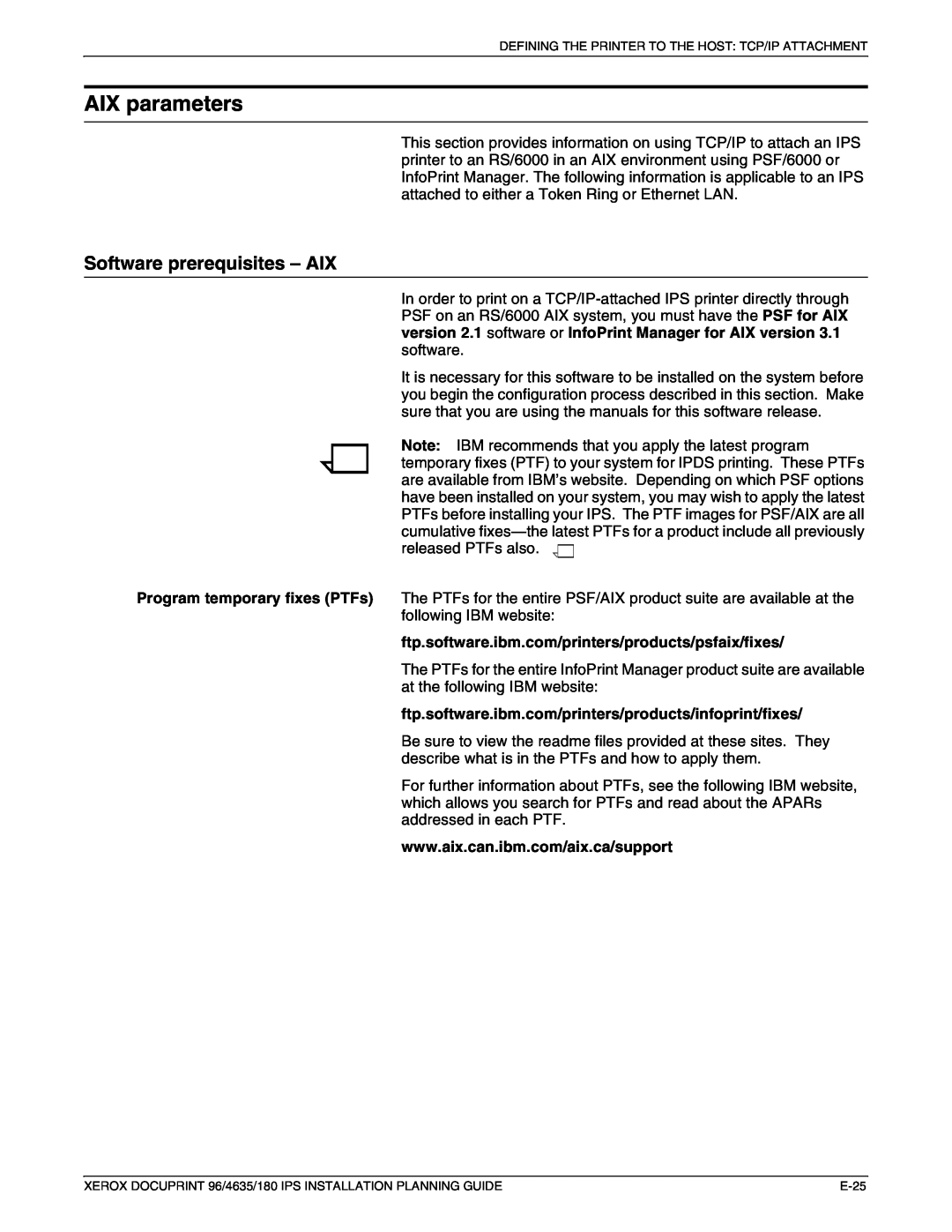 Xerox 180 IPS manual AIX parameters, Software prerequisites – AIX 