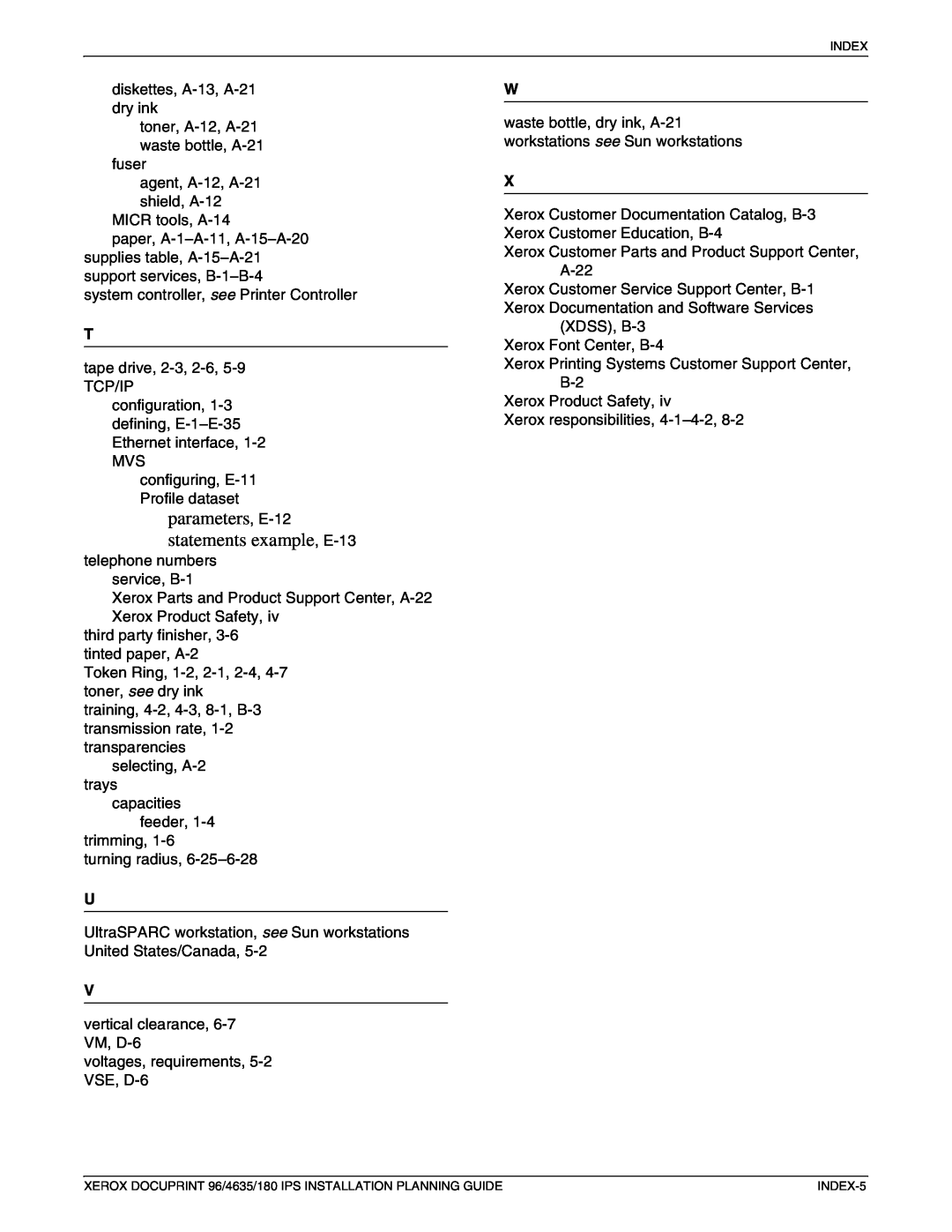 Xerox 180 IPS manual parameters, E-12 statements example, E-13 