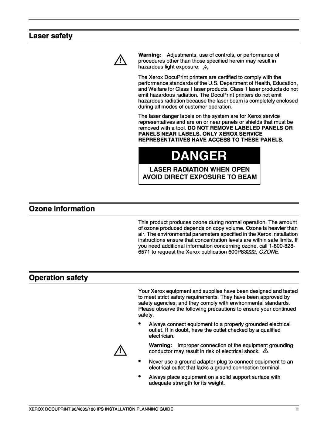 Xerox 180 IPS manual Laser safety, Ozone information, Operation safety 