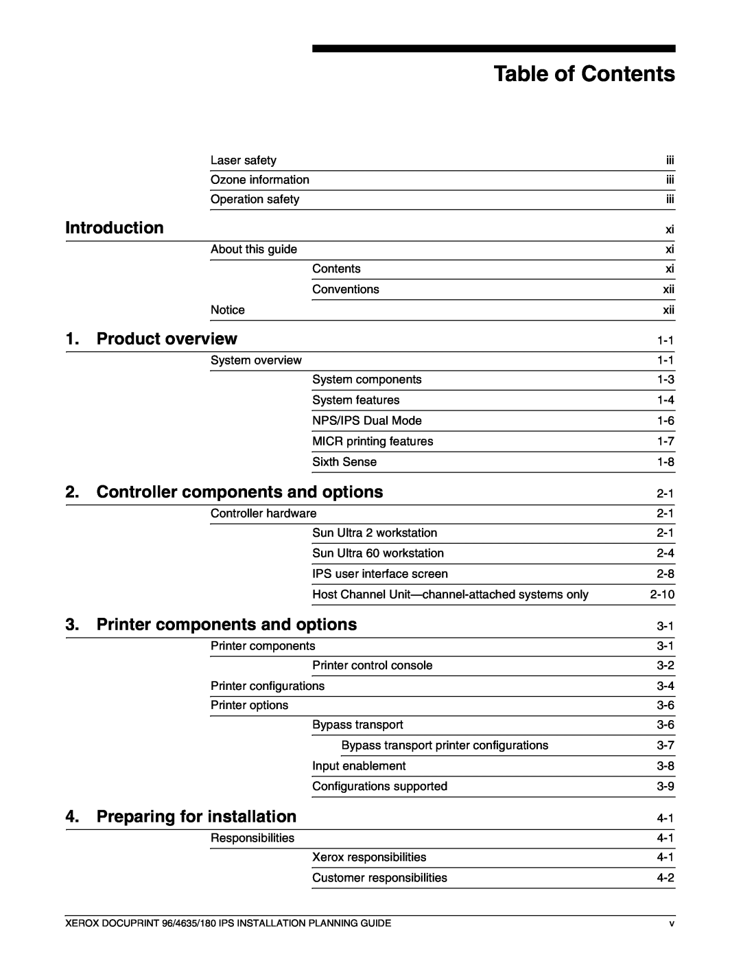 Xerox 180 IPS manual Table of Contents, Introduction, Product overview, Controller components and options 