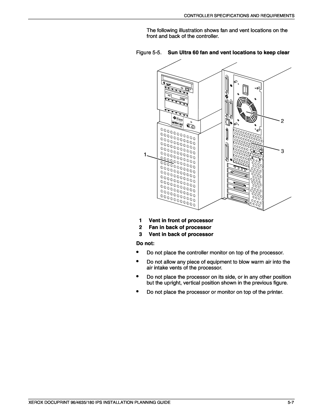 Xerox 180 IPS manual 1Vent in front of processor, 2Fan in back of processor, 3Vent in back of processor Do not 