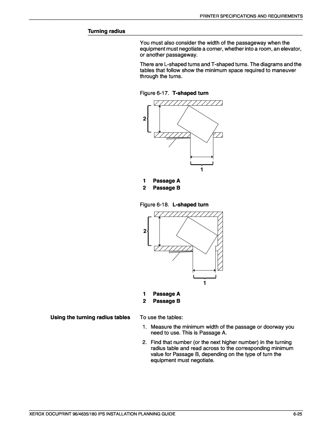 Xerox 180 IPS manual Turning radius, 1Passage A 2Passage B, Using the turning radius tables, To use the tables 