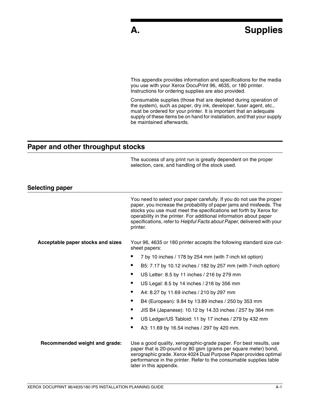 Xerox 180 IPS manual Supplies, Paper and other throughput stocks, Selecting paper 